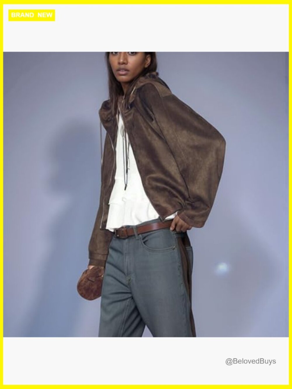 Women's Faux Suede Drawstring Hooded Bomber Jacket - Picture 4 of 7